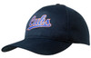 A breathable navy poly twill cap with a logo on the front. The cap features a curved brim and adjustable fit.
