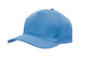 A blue breathable poly twill cap with a curved brim and an attached logo.