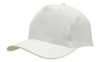 A white breathable poly twill cap with a curved brim and a logo on the front.