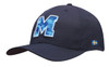 A navy breathable poly twill cap featuring a large letter 'M' and a small flag detail.