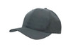 A breathable poly twill cap in dark grey with a rounded crown and extended visor, featuring a logo on the front.