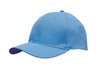 A breathable poly twill cap in light blue with a curved brim and ventilation holes, featuring a logo.