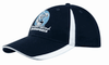 A navy blue cap with white inserts on the peak and crown, featuring a logo on the front.