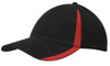 A black cap with a red insert on the peak and crown, featuring a logo on the front.