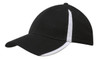 A black cap with white inserts on the peak and crown, featuring a logo on the front.
