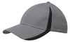 A grey cap with black inserts on the peak and crown, featuring a logo on the front.
