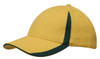 A yellow cap with green accents on the peak and crown, featuring a logo on the front.