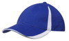 A blue baseball cap with white inserts on the peak and crown, featuring a logo.
