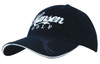 A navy blue cap with a white embroidered logo and an embossed peak featuring a logo.