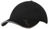 A black cap featuring a curved peak and an embossed logo on the front. The design includes a contrasting trim.