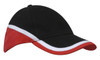 A black cap with red and white accents, featuring a curved peak and a logo.