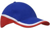 A tri-coloured cap featuring blue, red, and white panels, with a logo on one side.