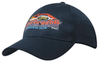 A navy blue cap featuring a colourful embroidered logo and text, with a curved brim and adjustable strap at the back.