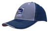 A two-tone cap in navy and grey with contrasting stitching and an open lip sandwich design, featuring a logo.