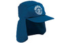 A blue legionnaire cap with a neck flap and a logo on the front.