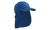 A blue cotton legionnaire hat with a long neck flap and logo visible on the front.