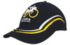 A black cap featuring curved yellow and white embroidery, with a logo of a cyclist on the front.