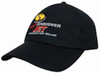 A black cap featuring a logo and text in red and yellow embroidery. The cap has a mesh design.