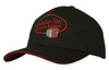 A black cap with red sandwich trim and an embroidered logo featuring the words "Accordion Idol".