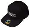 A black cap with a snapback style and a logo on the front. The cap features a flat visor and a branded tag.