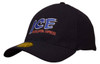 A black cap featuring an embroidered logo in blue and red, with a curved peak and mesh detailing.