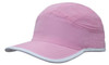 A pink microfibre sports cap with a white trim on the edge of the crown and peak, featuring a logo.