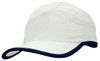 A white microfibre sports cap with a navy trim on the edge of the crown and peak, featuring a logo.