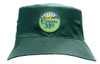 A green breathable poly twill bucket hat with a logo on the front.