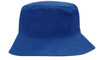 A breathable poly twill bucket hat in blue, featuring a simple design and a logo on the side.
