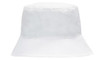 A white breathable poly twill bucket hat with a wide brim and a small logo on the side.
