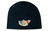 A navy cotton beanie featuring a logo in multicoloured design. Suitable for cooler weather.