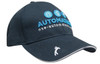 A navy blue cap with peak embroidery and a logo on the front. Features a white stitching detail.