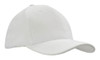 A white cap with a curved brim, featuring a rounded crown and a logo.