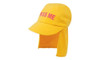 A bright yellow infants Legionnaire hat with a wide brim and side flaps. It features a branding logo.