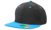A black cap with a blue peak and button, featuring a colourful circular logo on the brim.