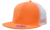 An orange cap with a mesh back and snapback style, featuring a logo on the front.