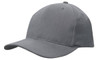 A grey snapback cap featuring a structured design and a logo.