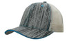 A grey and cream cap with a mesh back and a textured wood print design, featuring blue accents.