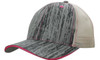 A grey and pink cap with a textured pattern and a mesh back, featuring a curved brim and a logo.