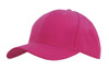 A pink sports cap with a curved brim and stitched detailing, featuring a logo on the front.