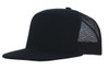 A black A-frame cap with a mesh back and a curved peak, featuring a logo on the front.