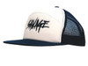 A foam front A-frame cap with a white front and navy blue mesh back, featuring a logo.