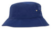 A navy blue brushed sports twill bucket hat featuring a logo and brass eyelets for ventilation.
