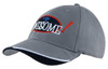 A grey cap with a curved peak, featuring an embroidered design and a logo on the front.