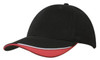 A black cap with a red brim and white accent. It features a logo on the front.
