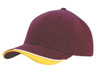 A maroon cap with an indented peak and a yellow trim, featuring a logo on the front.