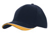 A navy blue cap with an indented peak and a yellow accent along the edge. It features a logo branding on the front.