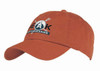 A rust-coloured cap with an embroidered logo on the front and a curved brim.