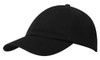 A black cap with a curved brim and a solid crown, featuring a logo on the front.