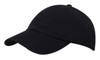 A black cap with a rounded peak and a sleek design, featuring a branding logo.